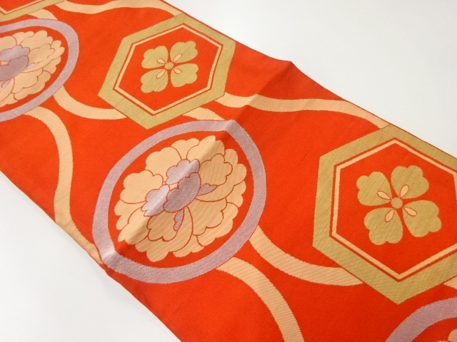 アンティーク　立涌に花亀甲・牡丹模様織出し袋帯（材料）